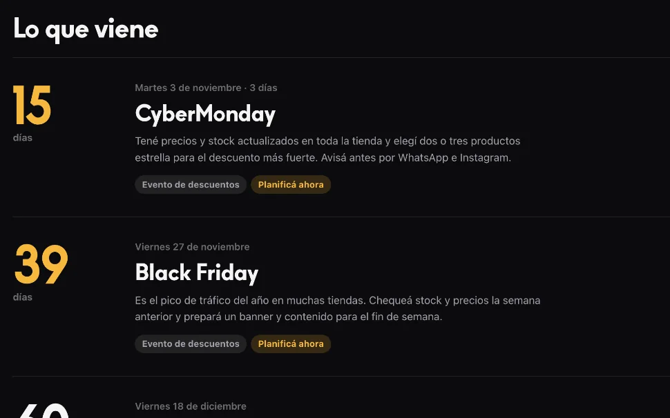 Calendario de DashNube con los días que faltan para CyberMonday y Black Friday